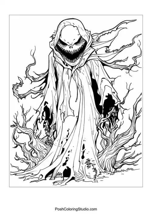 A woman with flowing hair and skulls, featuring dramatic flames.