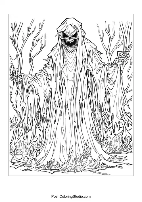 A woman with long hair and skulls, featuring dramatic line work.