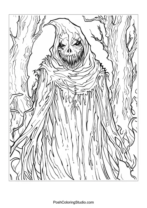 A woman with flowing hair and skulls, showcasing intricate details.