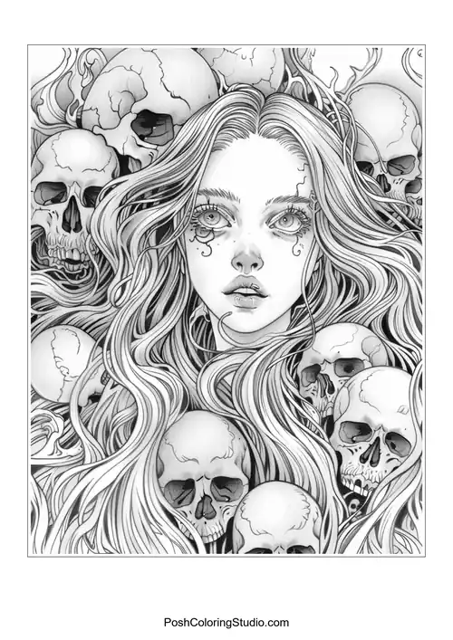 A woman with long hair and skulls, showcasing intricate line work.