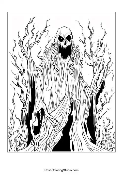 A woman with long hair and skulls, surrounded by flames.