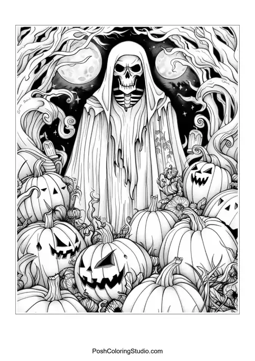 A grim reaper figure stands among pumpkins in a spooky setting.