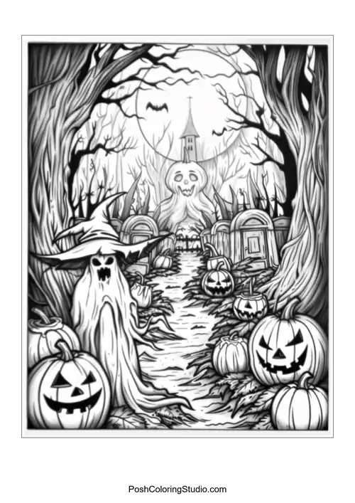 A skeleton figure sits among pumpkins in a haunting landscape.