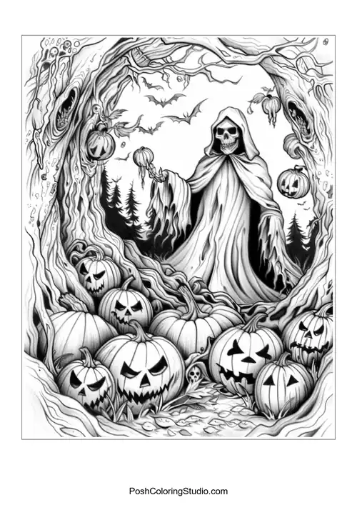 A woman with flowing hair and skulls, featuring dramatic flames.