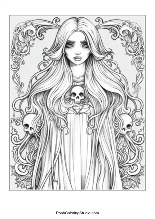 A woman with long hair and skulls, featuring dramatic line work.