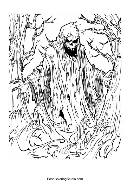 A woman with long hair and skulls, showcasing dramatic line work.