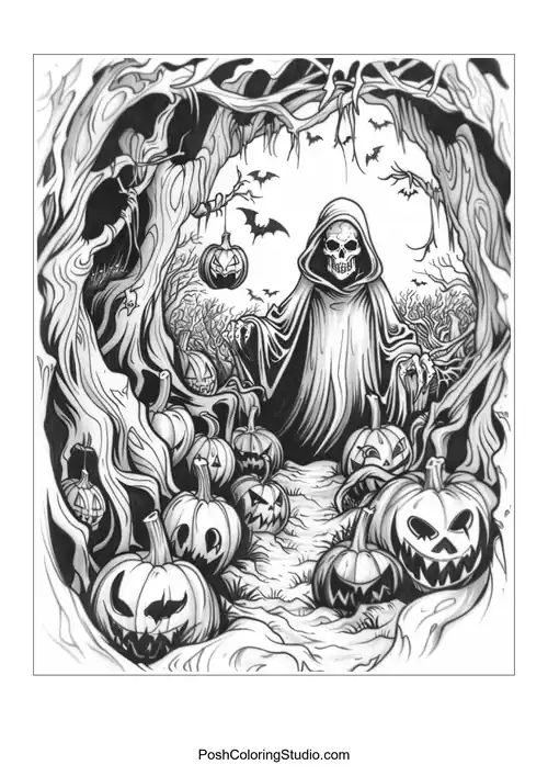 A reaper figure in a dark forest filled with pumpkins.