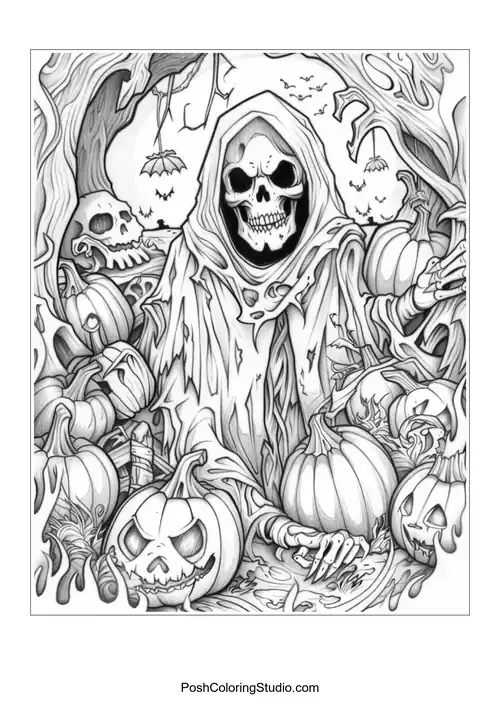 A reaper figure surrounded by pumpkins and skulls in a spooky scene.
