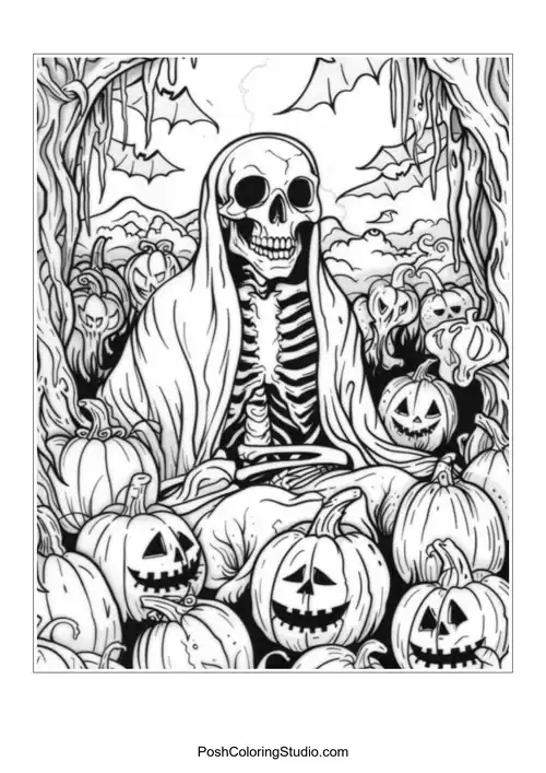 A skeleton figure sits among pumpkins in a haunting landscape.