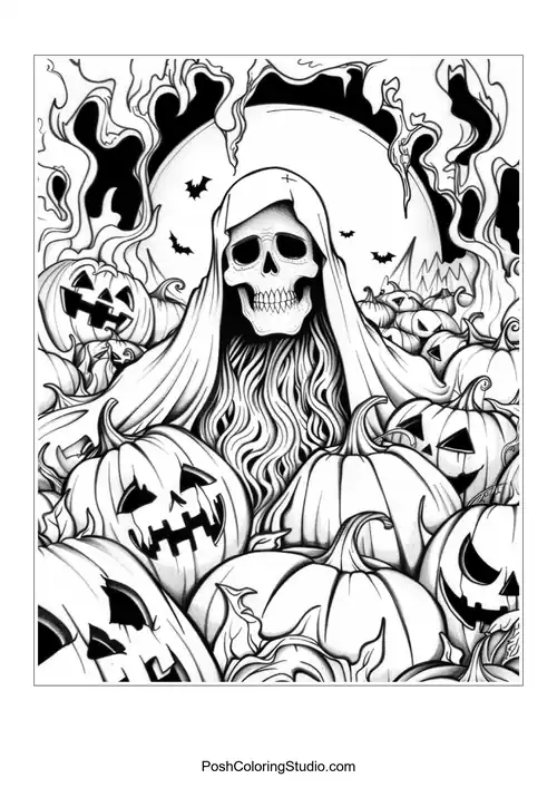 A woman with flowing hair and skulls, featuring dramatic flames.