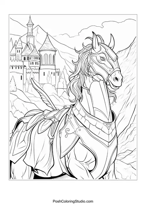 A knight poses with a dragon in a castle setting.