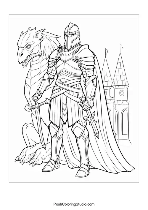 A dragon knight stands with a castle in the background.