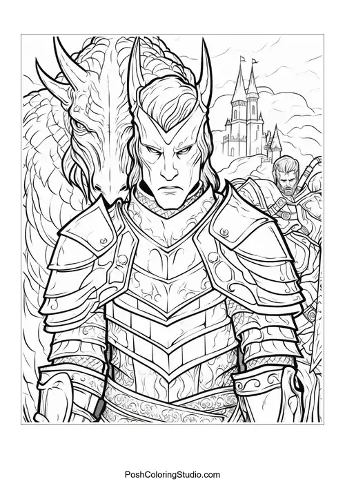 A knight in armor stands with a sword and shield.