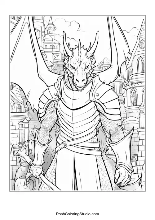 A dragon knight poses with a sword in a castle.