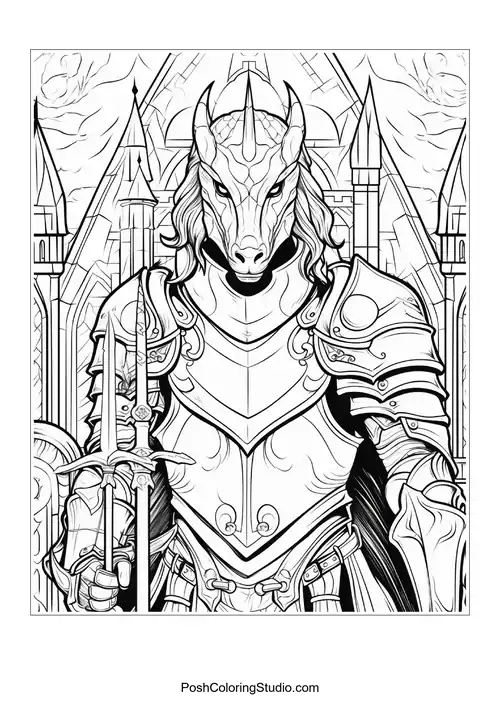 A knight poses with a sword and a dragon companion.