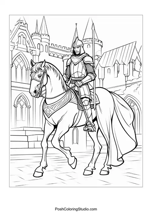 A knight stands with a sword in a medieval setting.