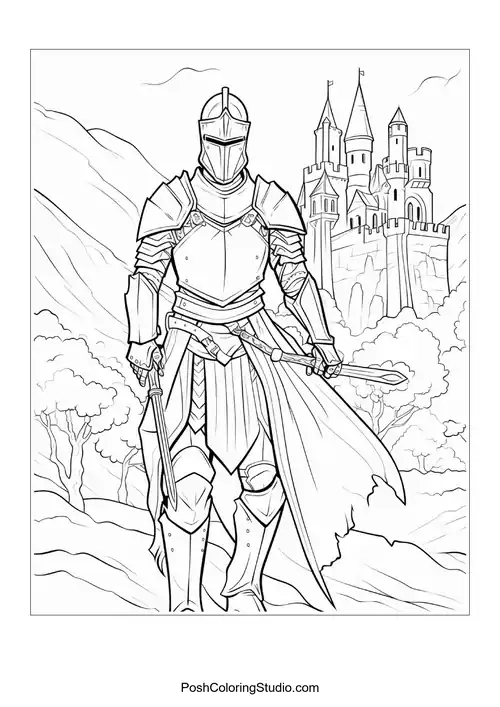A knight rides a horse in front of a castle.