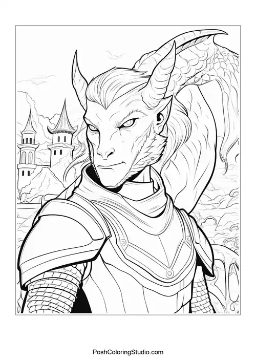 A dragon-like creature in armor with a castle backdrop.