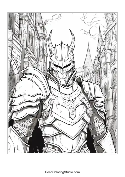 A knight poses with a dragon in a castle backdrop.