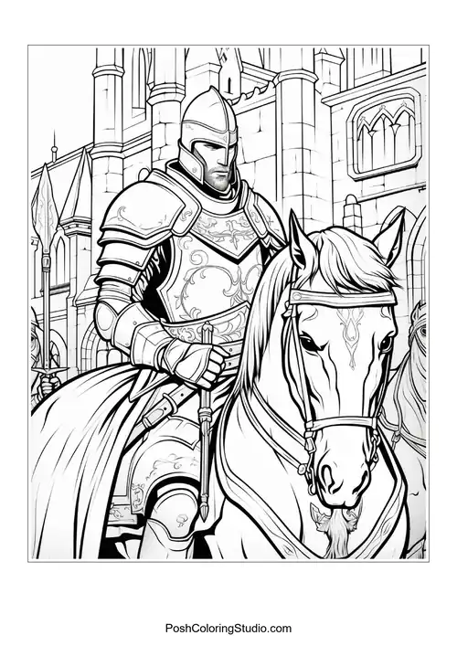 A knight poses with a dragon in a medieval landscape.