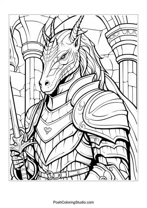 A knight rides a horse in front of a castle.