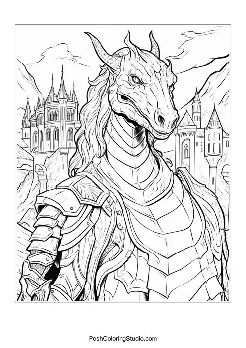 A dragon in armor stands tall with a castle behind.