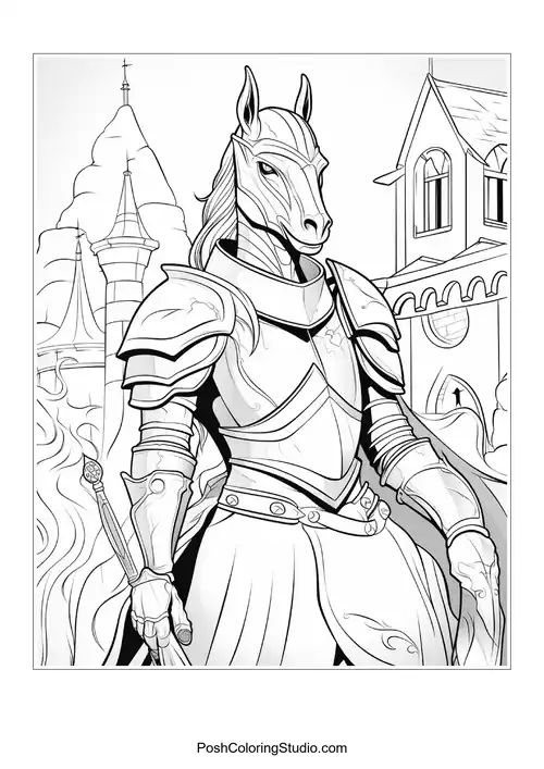 A knight stands with a sword in a castle setting.