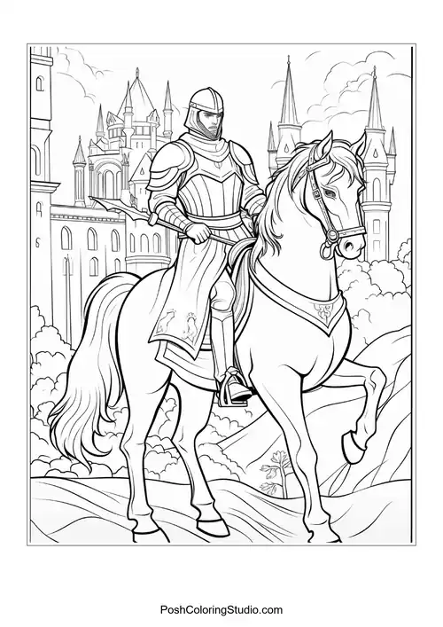 A knight rides a horse in a medieval landscape.