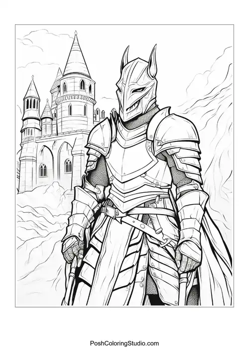 A knight stands with a sword in a medieval setting.