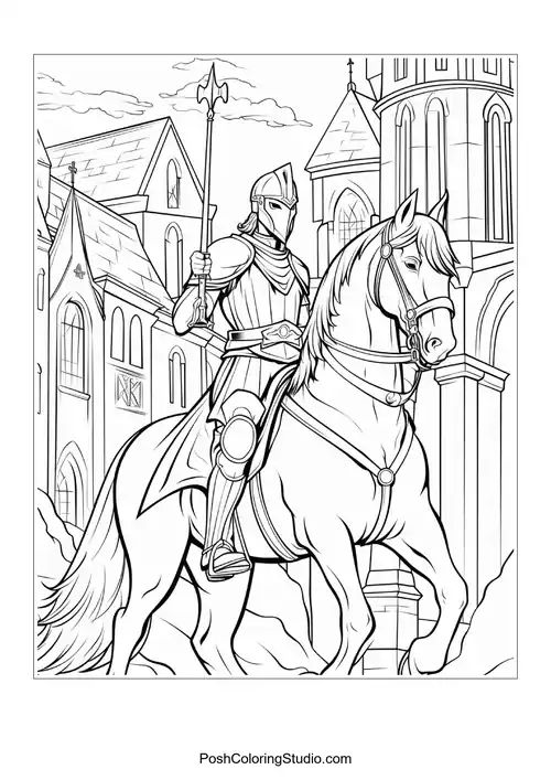 A knight rides a horse in front of a castle.