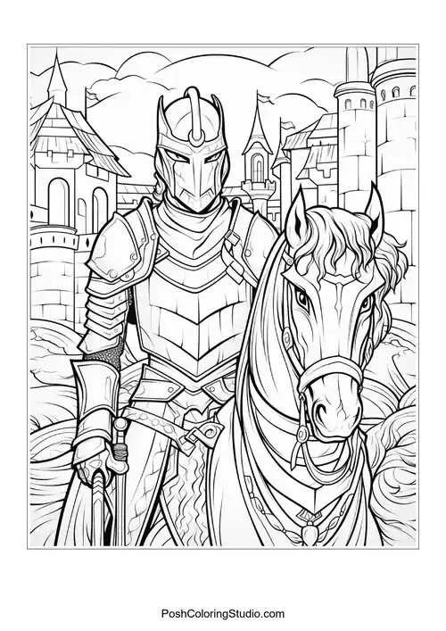 A knight in full armor stands beside a horse.