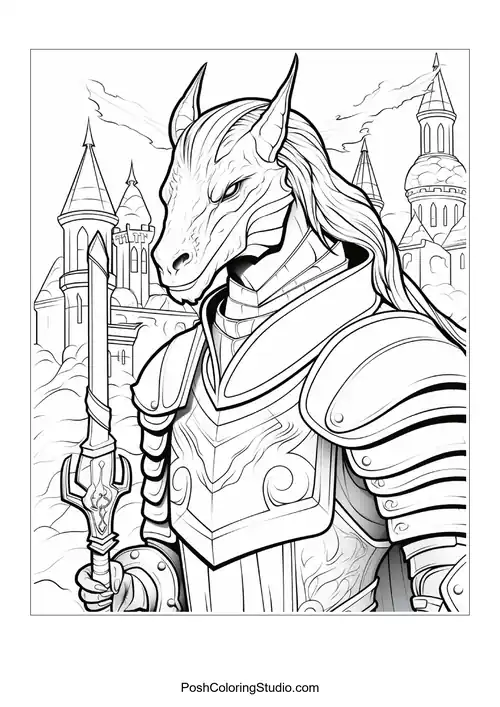 A dragon knight holds a spear in a regal pose.
