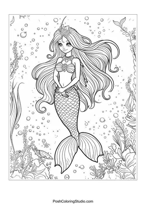 A playful mermaid with a fish and bubbles around her.