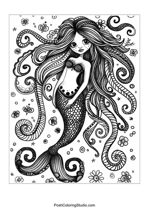 A mermaid with a detailed tail and flowing hair.