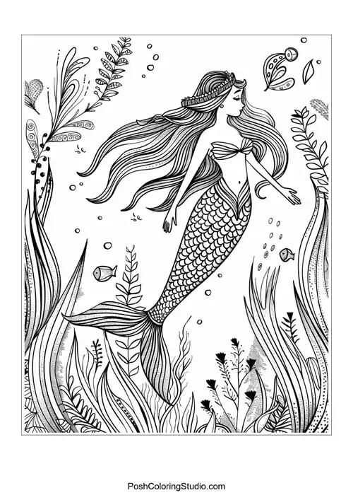 A mermaid surrounded by sea plants and bubbles.