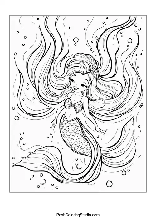 A whimsical mermaid with a detailed tail and flowers.