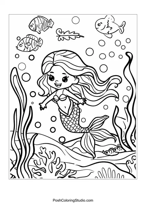 A mermaid with a flowing tail and intricate hair.