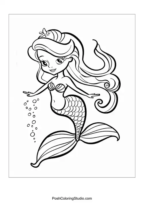 A graceful mermaid with a detailed tail and flowing hair.