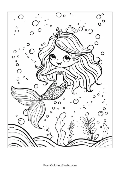 A mermaid with a delicate expression and flowing hair.