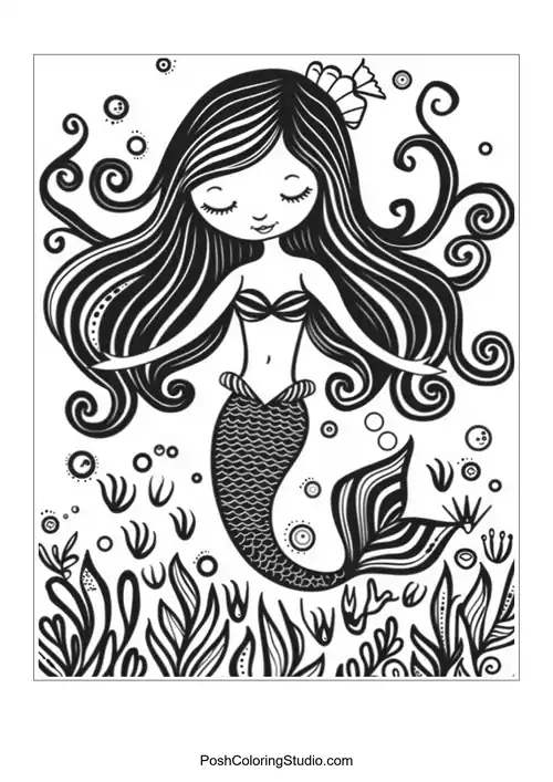 A mermaid with a flowing tail and intricate hair.