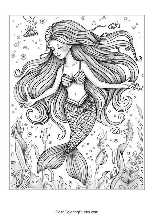 A mermaid with a detailed tail and fish swimming nearby.