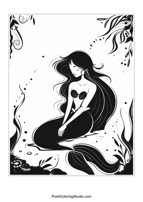 A mermaid with flowing hair and bubbles around her.