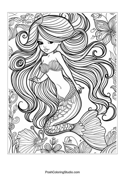 A whimsical mermaid with a detailed tail and flowers.