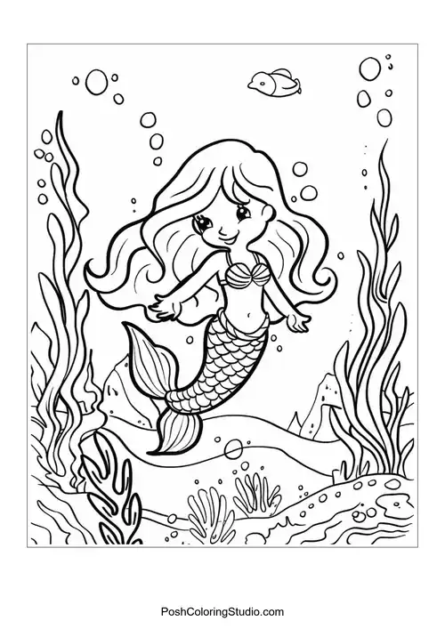 A mermaid with a serene expression and flowing hair.