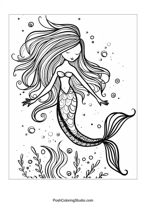 A mermaid with a decorative tail swimming among fish.