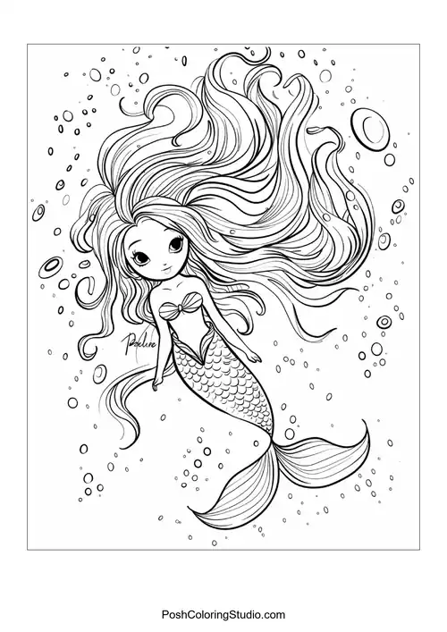An elegant mermaid with long hair and bubbles around her.