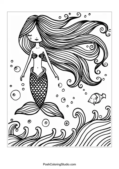 A mermaid with flowing hair and intricate details.