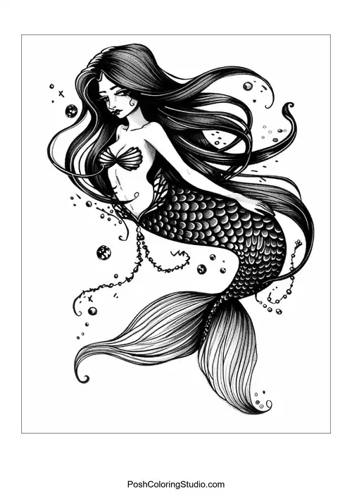 A mermaid with a delicate expression and flowing hair.
