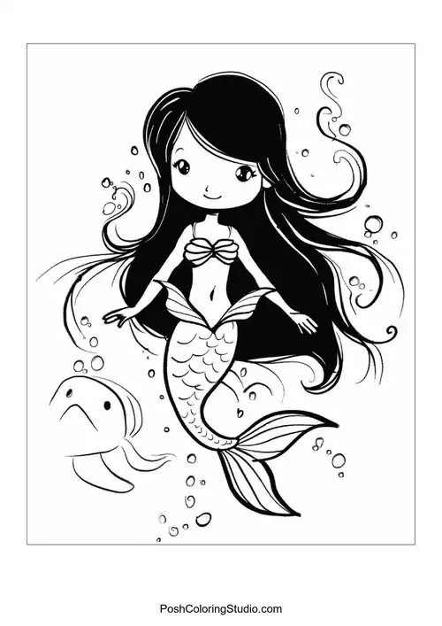 A mermaid with a flowing tail and intricate hair.