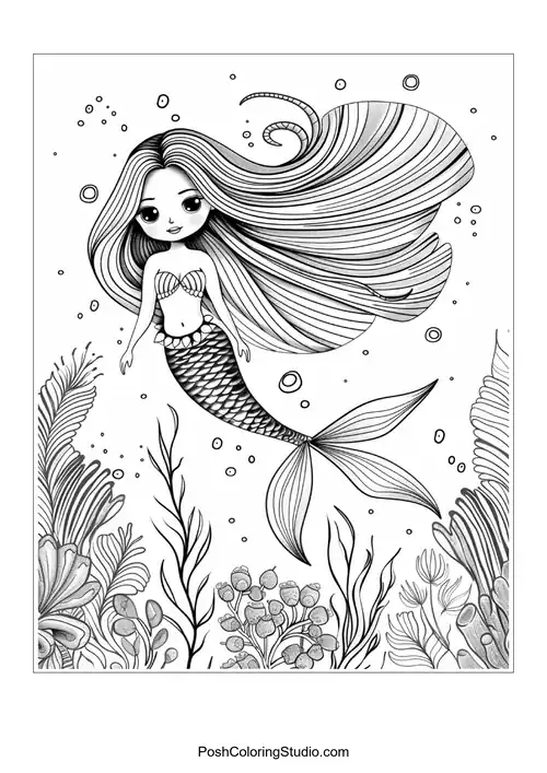 A whimsical mermaid with a detailed tail and bubbles.